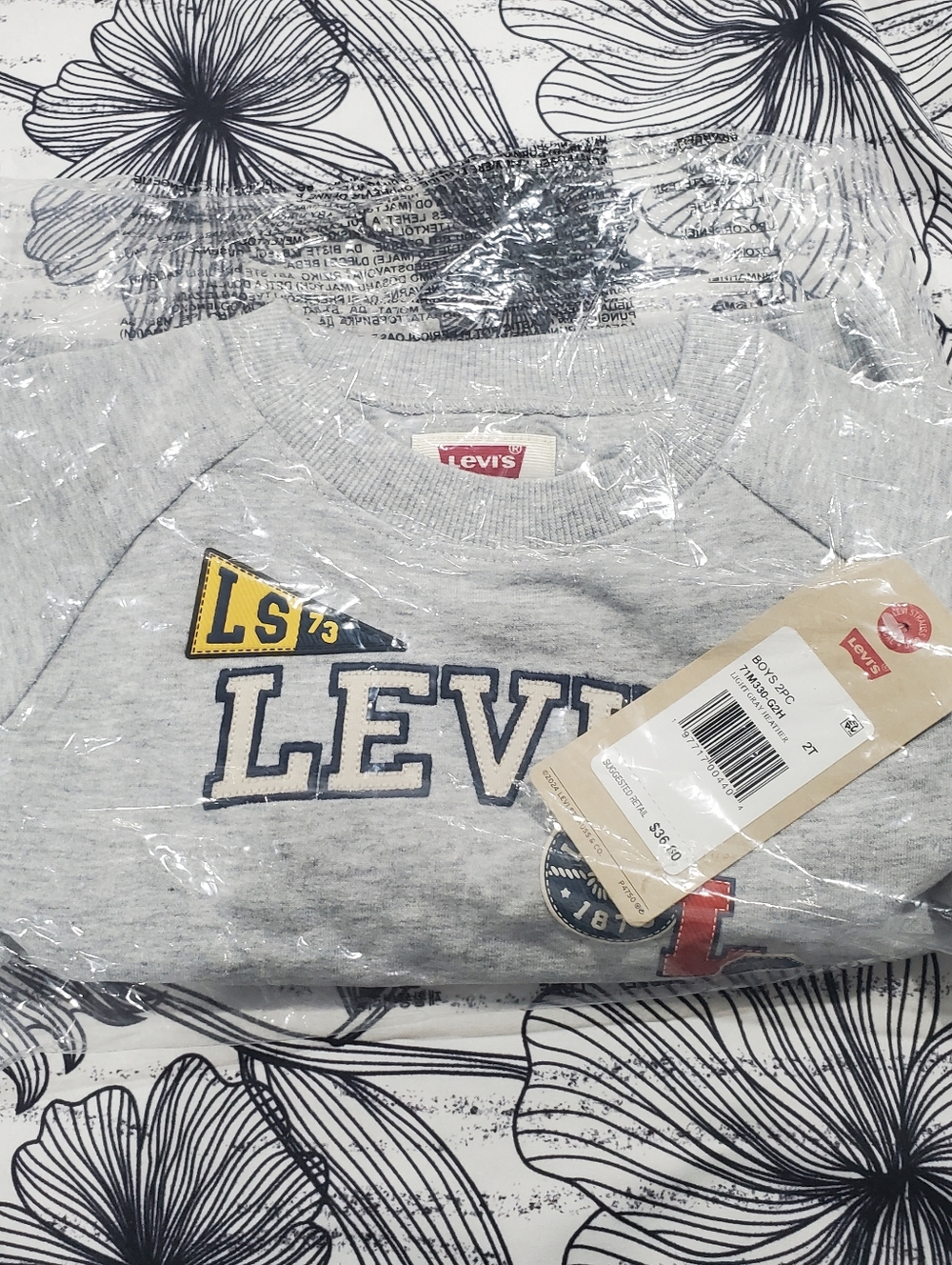 Levi's Heather Gray Crewneck Sweatshirt with Navy Logo and Yellow Patch